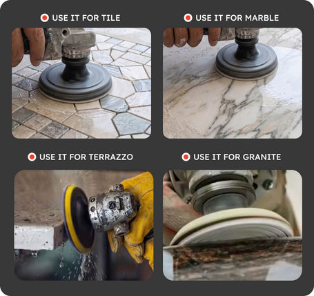 A 2x2 promotional collage showing an angle grinder with a diamond dust collector attachment used for polishing tile, marble, terrazzo, and granite surfaces. Each panel includes a hand and the text 'USE IT FOR [surface type]'.