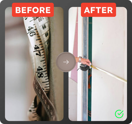 Before and after comparison of a measuring tape and a wall measurement tool.