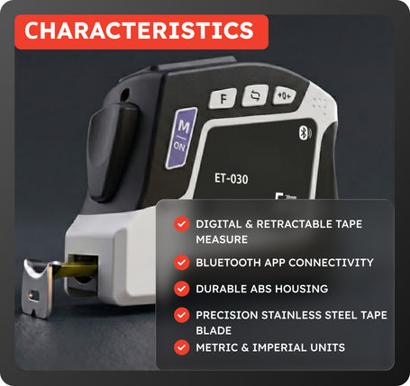 Digital tape measure with features listed on a dark background