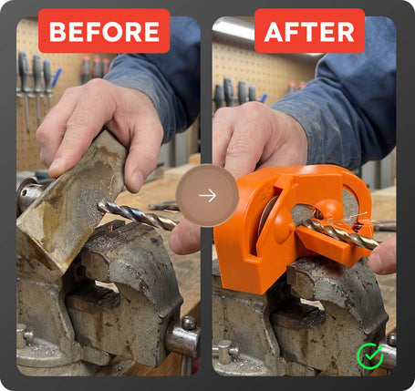 Before and after comparison of a drill bit being used on metal with an orange tool holder.
