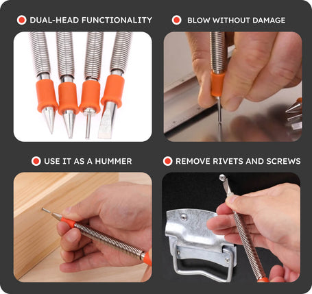 Multifunctional tool with dual-head functionality, used as a screwdriver, hammer, and rivet remover.