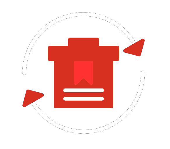 Red icon with a house and banner on a white background