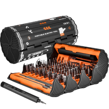 Electric screwdriver set with cylindrical black-orange case fully opened, showing neatly organized precision bits and screwdriver.