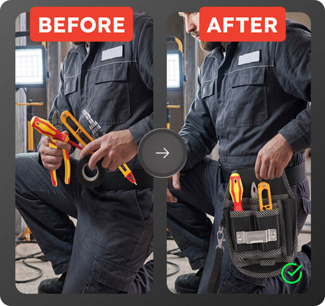Before and after comparison of a person with tools and a tool belt in a workshop setting.