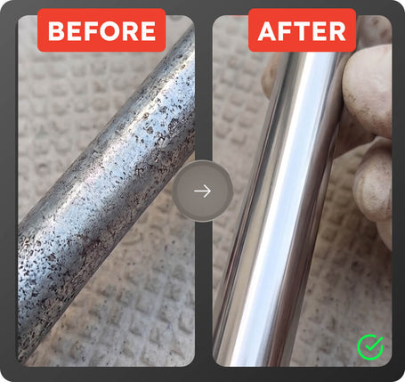 Before and after comparison showing a metal rod or tube with a rough, speckled finish on the left and a smooth, polished finish on the right, with a hand holding the after image.