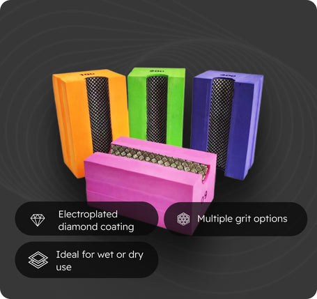 Four rectangular hardworking blocks in orange, green, blue, and pink, shown on a dark gray background with feature callouts for electroplated diamond coating, multiple grit options, and wet or dry use.