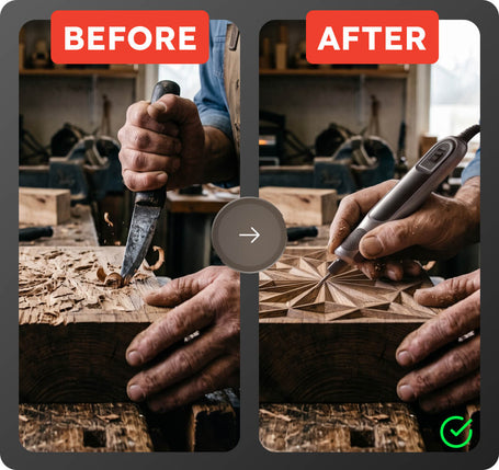A side-by-side before and after comparison showing a person using a handheld carving tool to create an engraved geometric pattern on a wooden block. The left panel shows the wood being carved with a chisel, labeled 'BEFORE,' and the right panel shows the finished carved design, labeled 'AFTER.