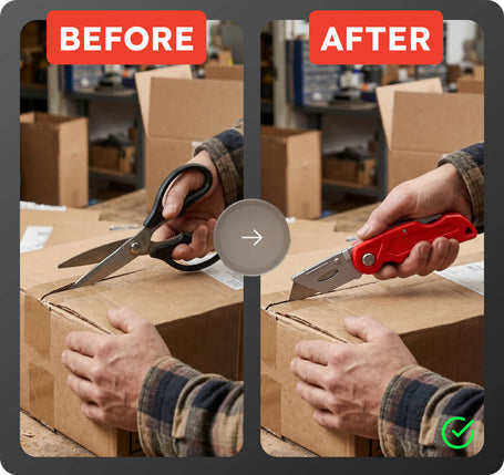 Before and after comparison of cutting cardboard boxes with scissors and a knife.