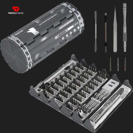 Gray precision electric screwdriver set in open storage tray with multiple bits, tools, tweezers, and cylindrical case.