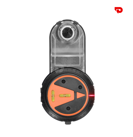 Black and orange laser level on a white background