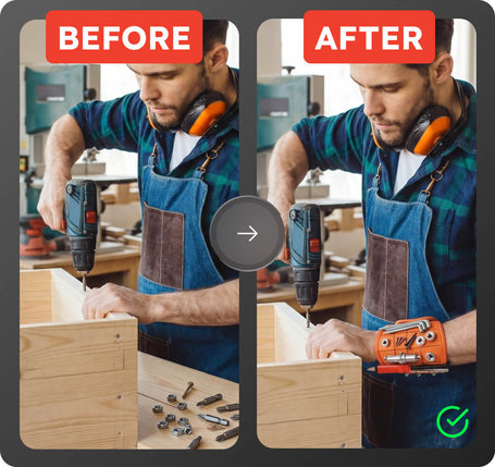 Before and after comparison of a person using a drill in a workshop.