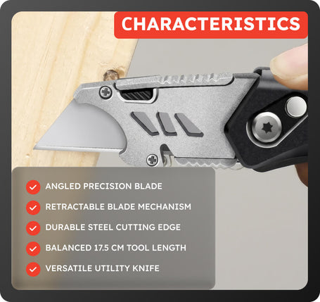 Utility knife with features listed on a wooden background