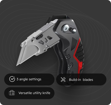 Versatile utility knife with features highlighted on a dark background