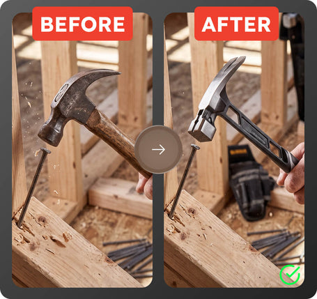 A before-and-after comparison showing a hammer striking a nail into wood. On the left, the hammer head is dull and the nail is difficult to drive; on the right, the hammer head is sharp and the nail is driven easily.