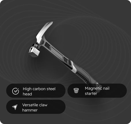 A 3D render of a magnetic claw hammer on a dark gray background with concentric wave patterns. Two black rounded text boxes at the bottom feature white text highlighting key features: 'High carbon steel head', 'Magnetic nail starter', and 'Versatile claw hammer'.