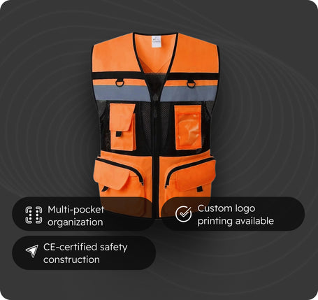 Orange safety vest with multiple pockets on a dark background