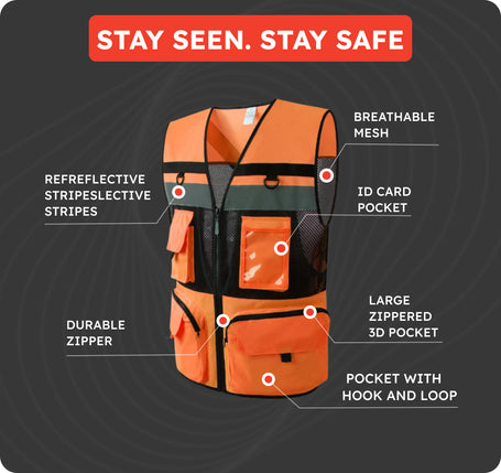 Orange safety vest with features highlighted on a dark background