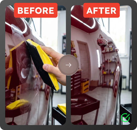 Before and after comparison showing a hand using a yellow and black sanding block on a glossy red car door in a garage, with the after result showing a smoother, clearer finish.