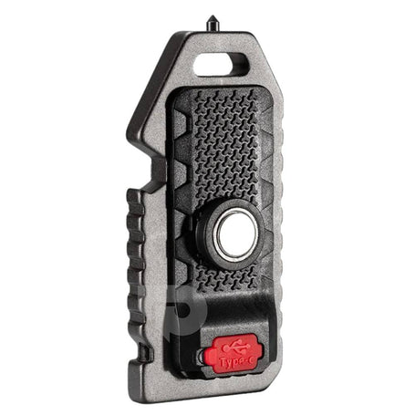 Black and gray keychain COB flashlight  with textured surface on a white background.