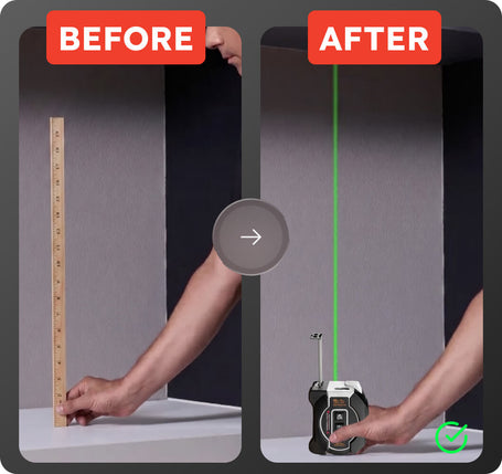 Before and after comparison of a laser measure on a gray background