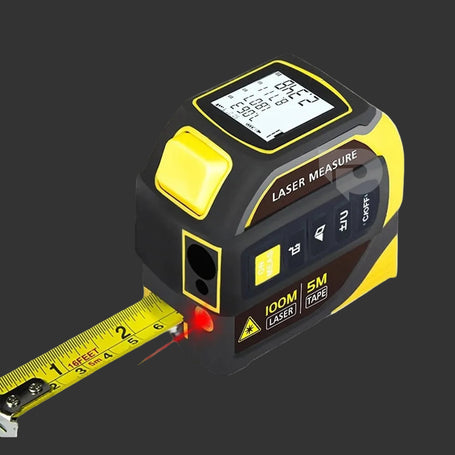Black and yellow 4-in-1 laser tape measure with Bluetooth, digital display, distance meter for construction, contractors and DIY, 100m laser with tape measure
