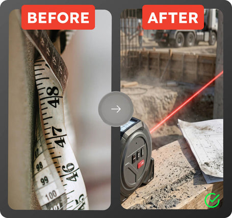 Before and after comparison of a measuring tape and laser level on a construction site.