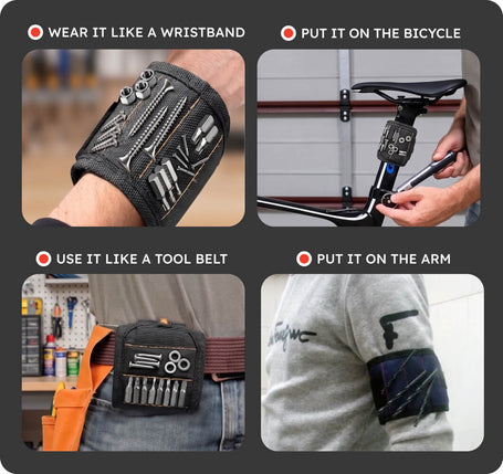 Multifunctional tool belt worn on wrist, arm, and attached to bicycle with various tools displayed.