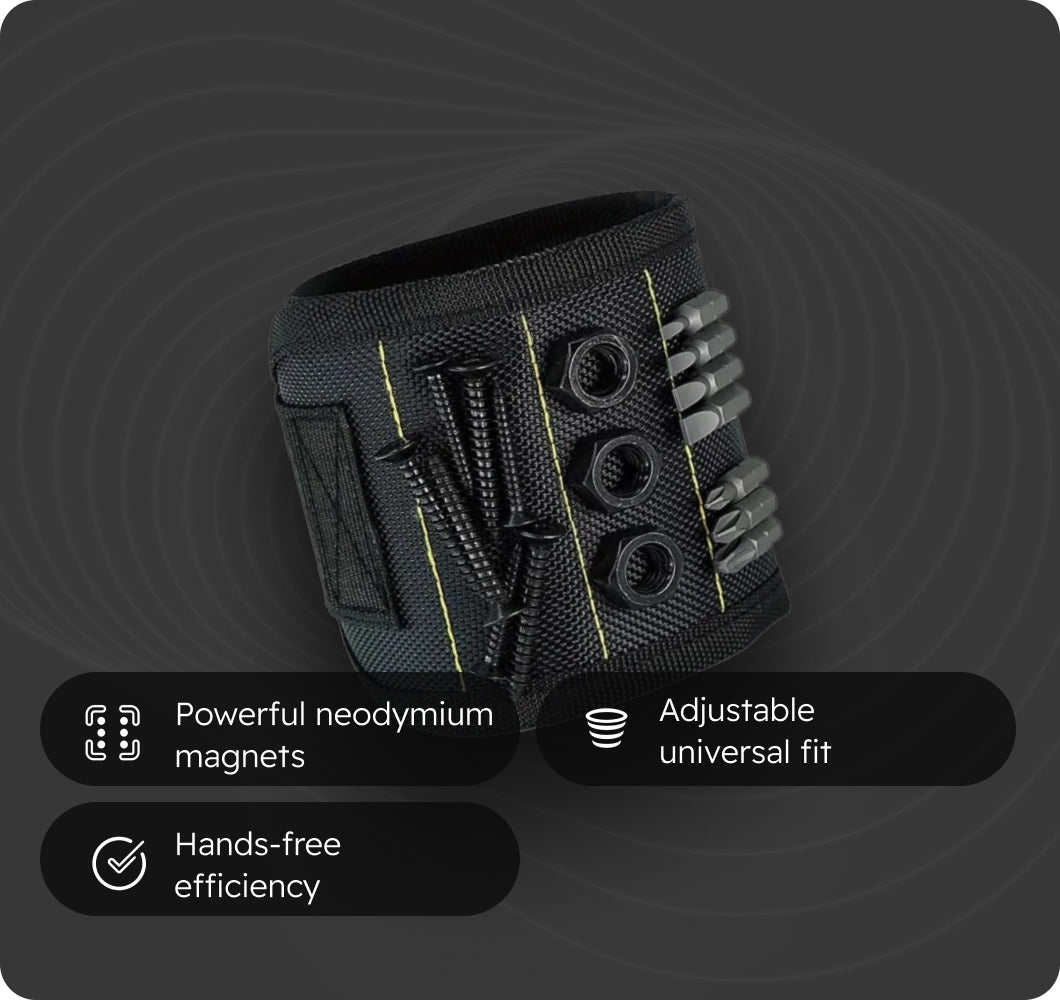 Black magnetic wristband with tools on a dark background