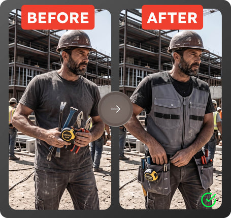 Before and after comparison of a construction worker with tools at a construction site.