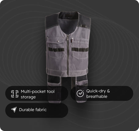 Gray work vest with features highlighted on a dark background