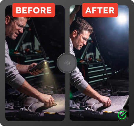 Before and after comparison of a person using a flashlight under a car.