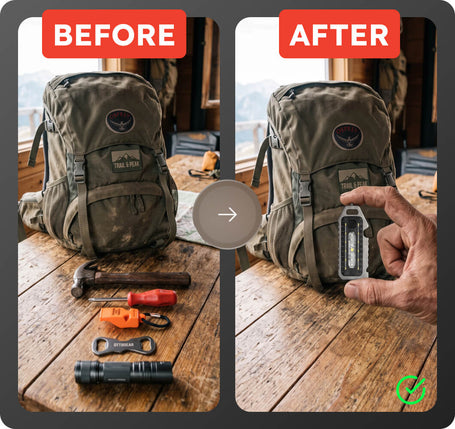 Before and after comparison of a backpack on a wooden surface with tools.