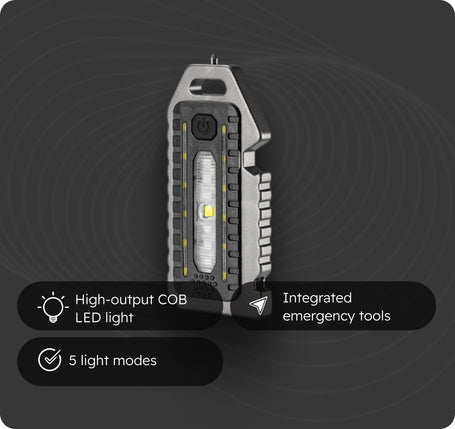 Multifunctional tool light with COB LED light, integrated emergency tools, and 5 light modes on a dark background.