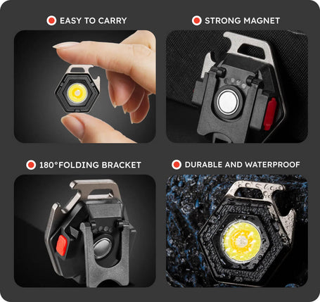 Hexagonal light with features highlighted on a dark background