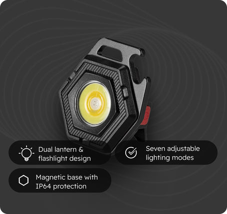 Multifunctional light device with features highlighted on a dark background