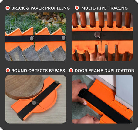 Orange tool with black blade used for brick and paver profiling, multi-pipe tracing, round objects bypass, and door frame duplication.