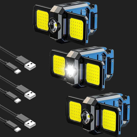 Three-unit pack of super-bright LED keychain flashlights featuring adjustable panels and a focused front beam. Includes three USB charging cables.