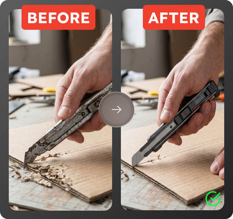 Before and after comparison of a person using a utility knife on cardboard.