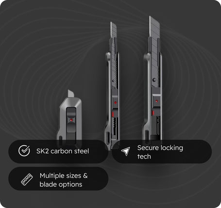 Three utility knives with features highlighted on a dark background