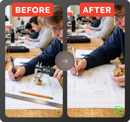 Before and after comparison of a person using measurement tools on blueprints.