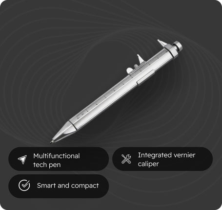 Multifunctional tech pen with integrated vernier caliper on a dark background