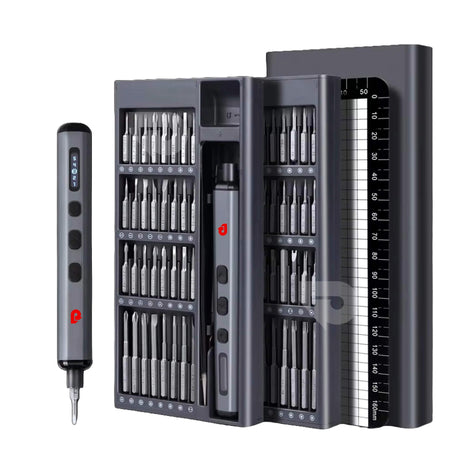 Screwdriver set with multiple bits and a ruler on a white background