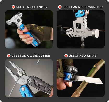 Multitool with various tools including a hammer, screwdriver, wire cutter, and knife on a black background.