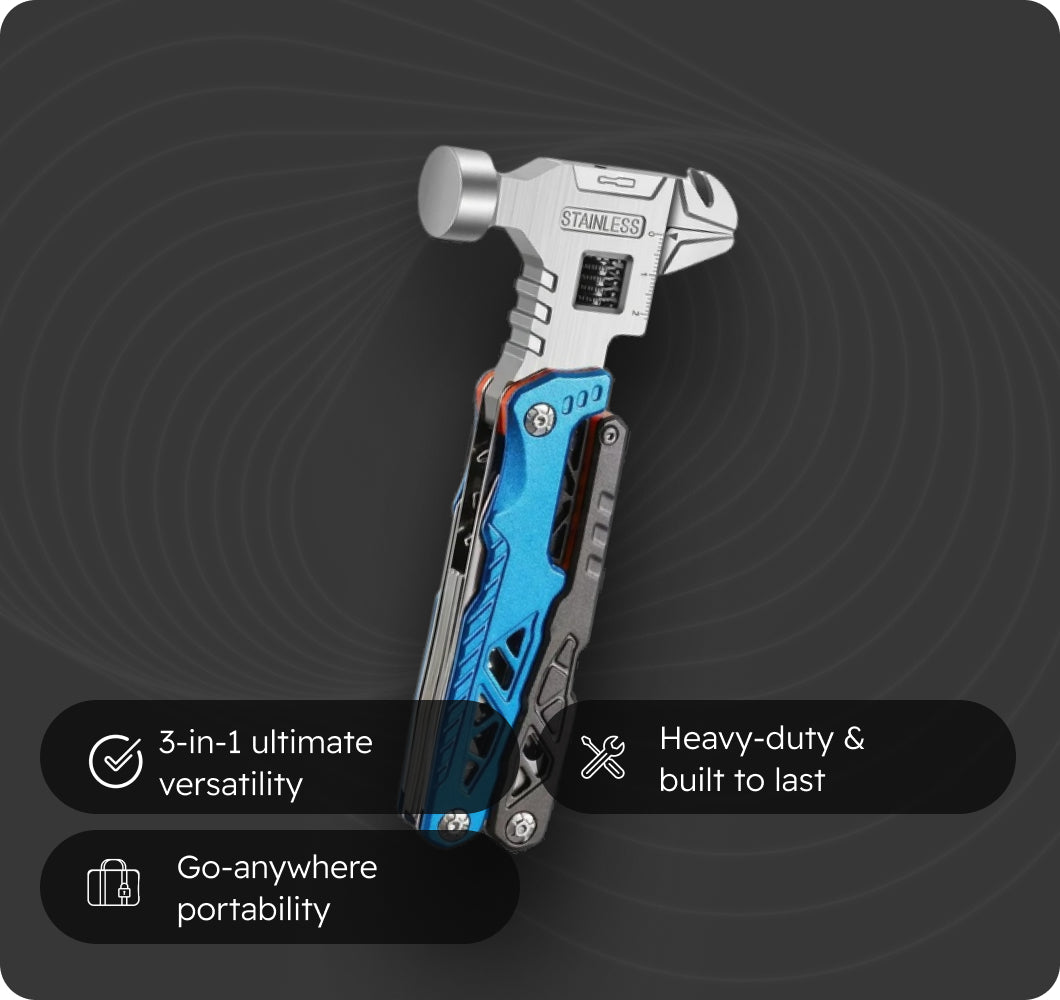 Multitool with hammer head on a dark background