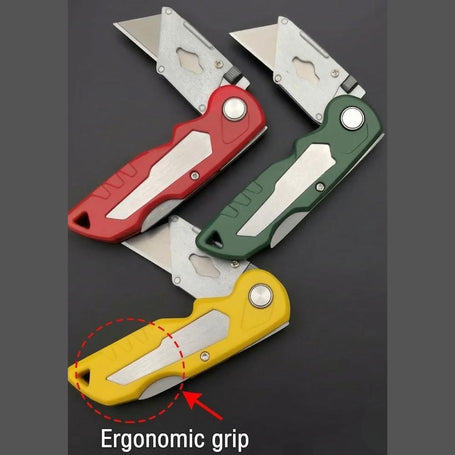 Three colorful pocket knives with ergonomic grips on a dark background