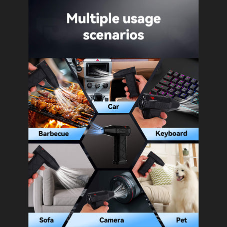 Collage showing multiple usage scenarios for a compact air blower including cleaning a barbecue, car interior, keyboard, sofa, camera lens, and pet fur.