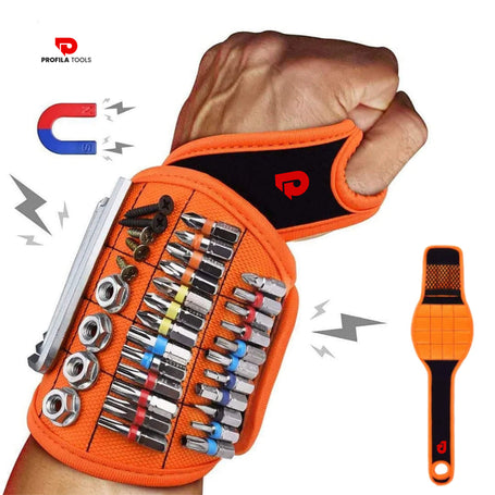 Orange Profila Tools magnetic wristband worn on a wrist, holding various screws, nuts, and screwdriver bits. A magnet icon and lightning effects highlight its strong magnetic hold.