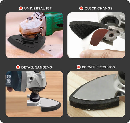 A 2x2 promotional collage showing an angle grinder with a black triangular sanding/trimming attachment in use on wood. Text labels at the top of each panel read 'UNIVERSAL FIT', 'QUICK CHANGE', 'DETAIL SANDING', and 'CORNER PRECISION'.