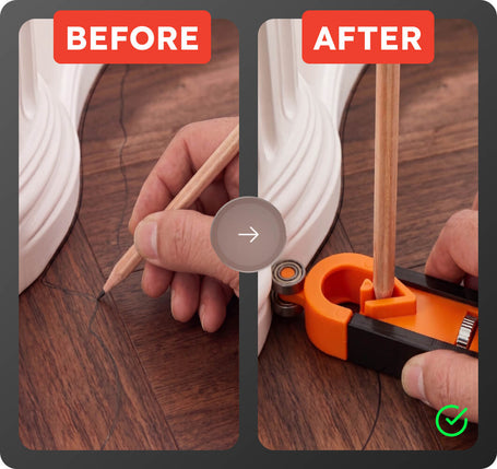 Before and after comparison of a pencil being sharpened with a sharpener on a wooden surface.