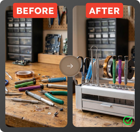 Before and after comparison of a workshop setup with tools on a table and organized in a cabinet.